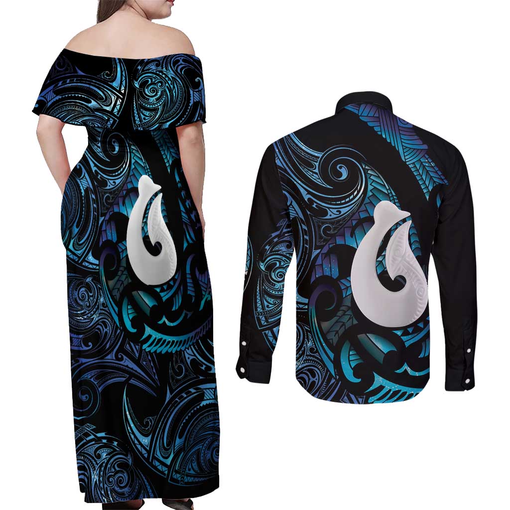 Hei Matau New Zealand Matariki Couples Matching Off Shoulder Maxi Dress and Long Sleeve Button Shirt NZ Fish Hook Maori Art LT14 - Polynesian Pride