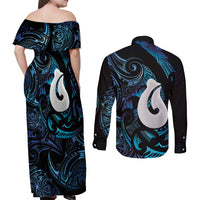 Hei Matau New Zealand Matariki Couples Matching Off Shoulder Maxi Dress and Long Sleeve Button Shirt NZ Fish Hook Maori Art LT14 - Polynesian Pride