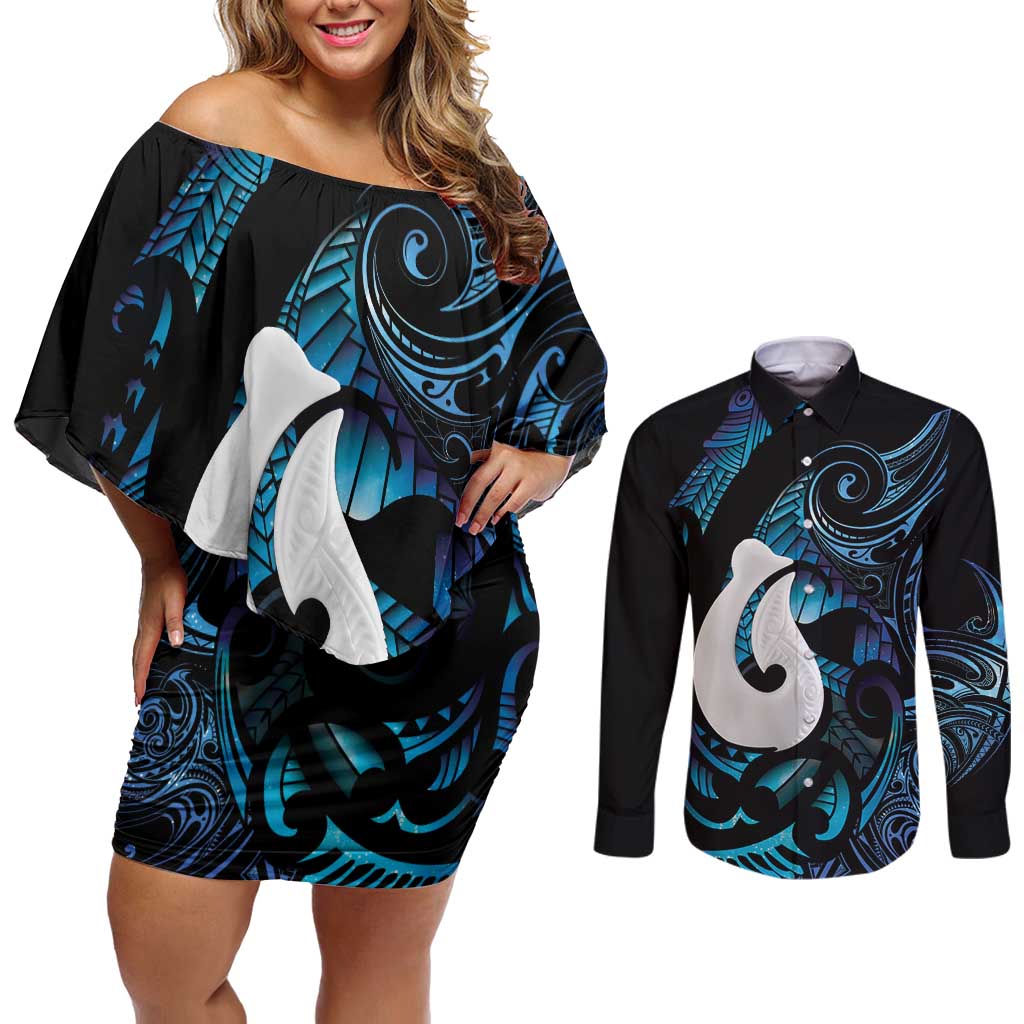 Hei Matau New Zealand Matariki Couples Matching Off Shoulder Short Dress and Long Sleeve Button Shirt NZ Fish Hook Maori Art LT14 Purple - Polynesian Pride
