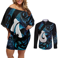 Hei Matau New Zealand Matariki Couples Matching Off Shoulder Short Dress and Long Sleeve Button Shirt NZ Fish Hook Maori Art LT14 Purple - Polynesian Pride