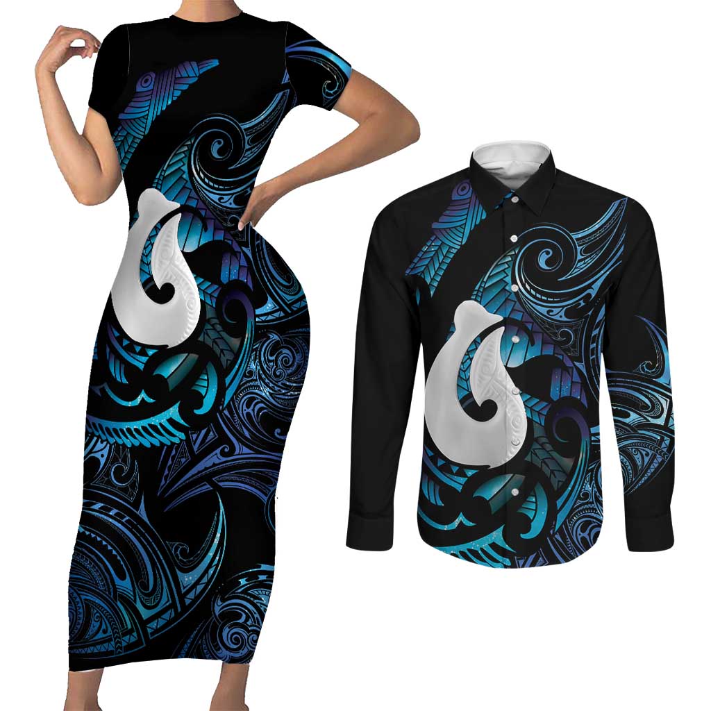 Hei Matau New Zealand Matariki Couples Matching Short Sleeve Bodycon Dress and Long Sleeve Button Shirt NZ Fish Hook Maori Art LT14 Purple - Polynesian Pride
