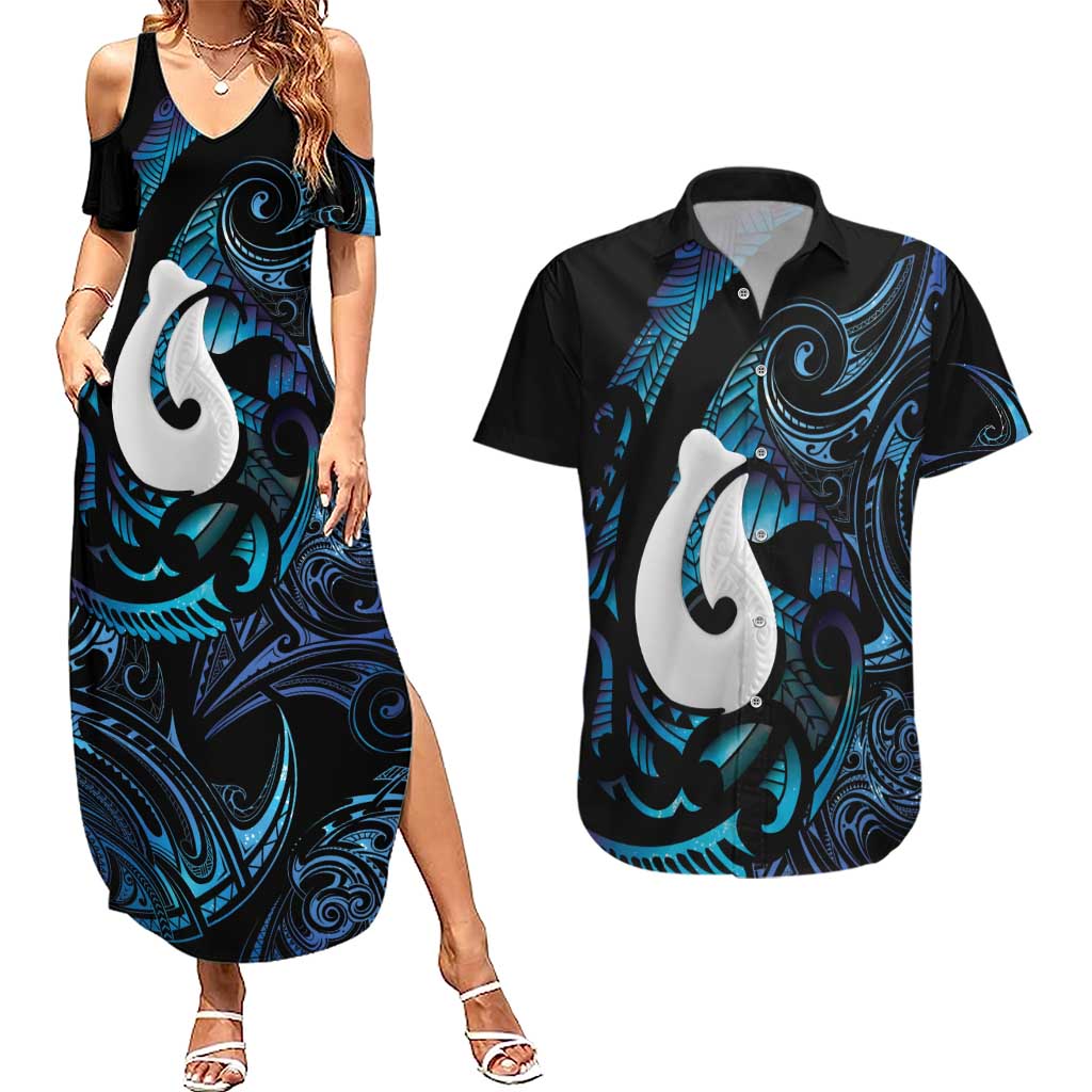 Hei Matau New Zealand Matariki Couples Matching Summer Maxi Dress and Hawaiian Shirt NZ Fish Hook Maori Art LT14 Purple - Polynesian Pride