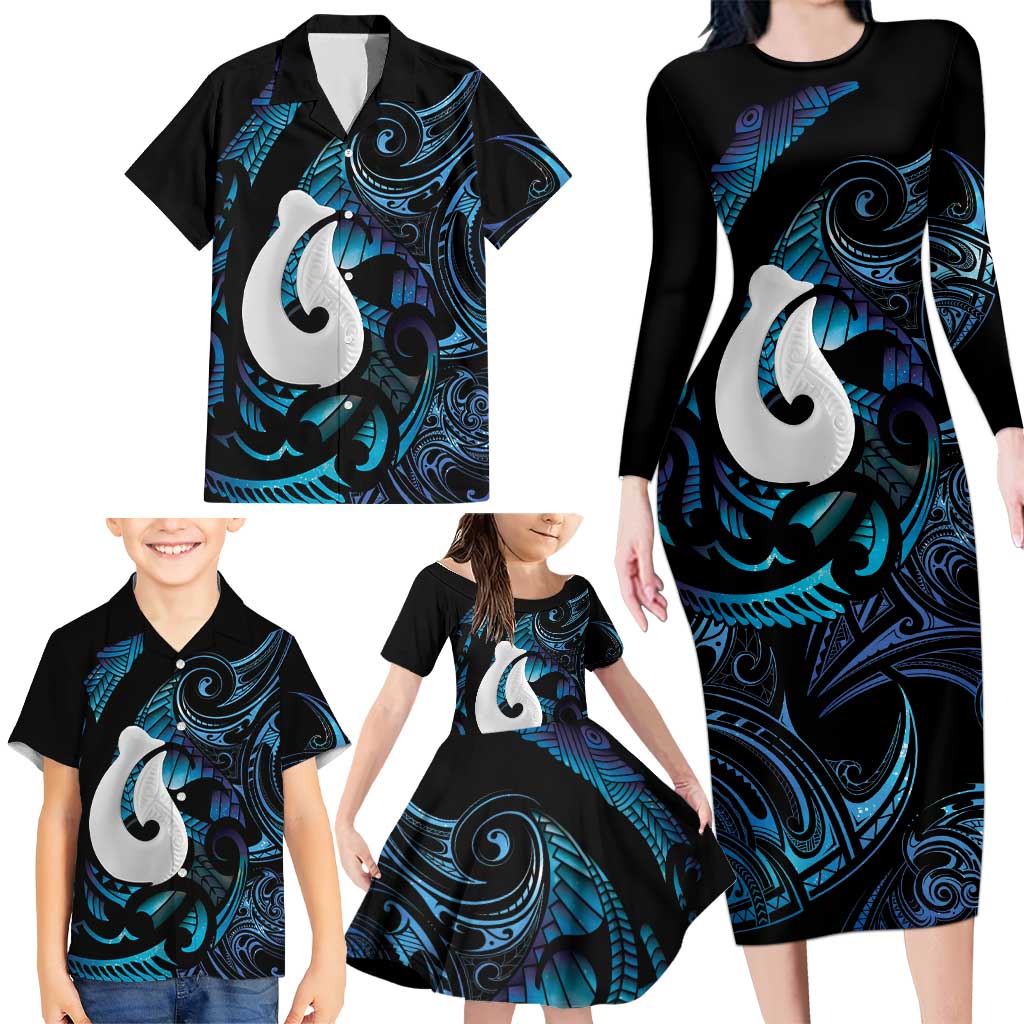 Hei Matau New Zealand Matariki Family Matching Long Sleeve Bodycon Dress and Hawaiian Shirt NZ Fish Hook Maori Art LT14 - Polynesian Pride