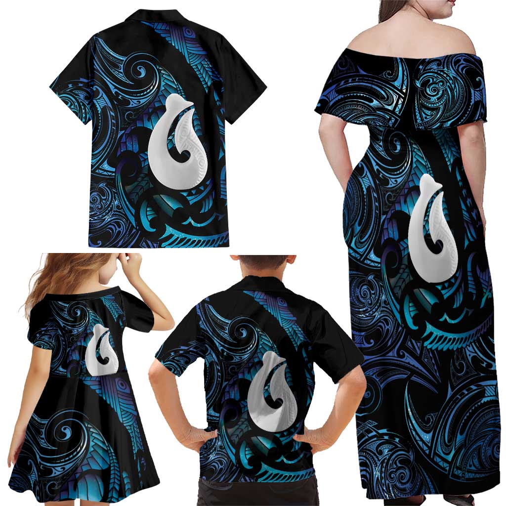 Hei Matau New Zealand Matariki Family Matching Off Shoulder Maxi Dress and Hawaiian Shirt NZ Fish Hook Maori Art LT14 - Polynesian Pride