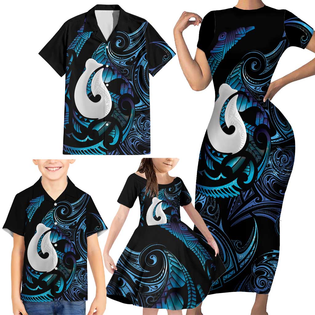 Hei Matau New Zealand Matariki Family Matching Short Sleeve Bodycon Dress and Hawaiian Shirt NZ Fish Hook Maori Art LT14 - Polynesian Pride