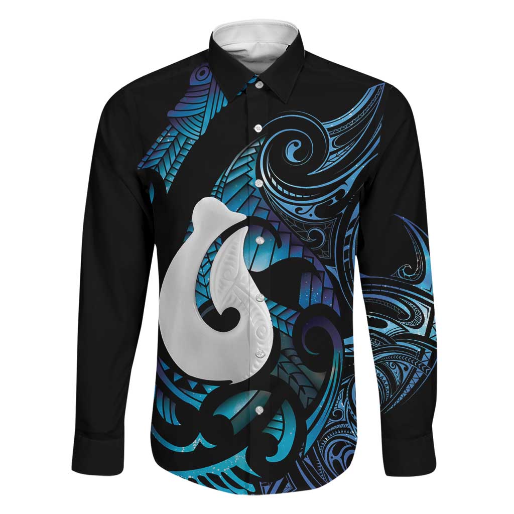 Hei Matau New Zealand Matariki Family Matching Tank Maxi Dress and Hawaiian Shirt NZ Fish Hook Maori Art LT14 Dad's Shirt - Long Sleeve Purple - Polynesian Pride