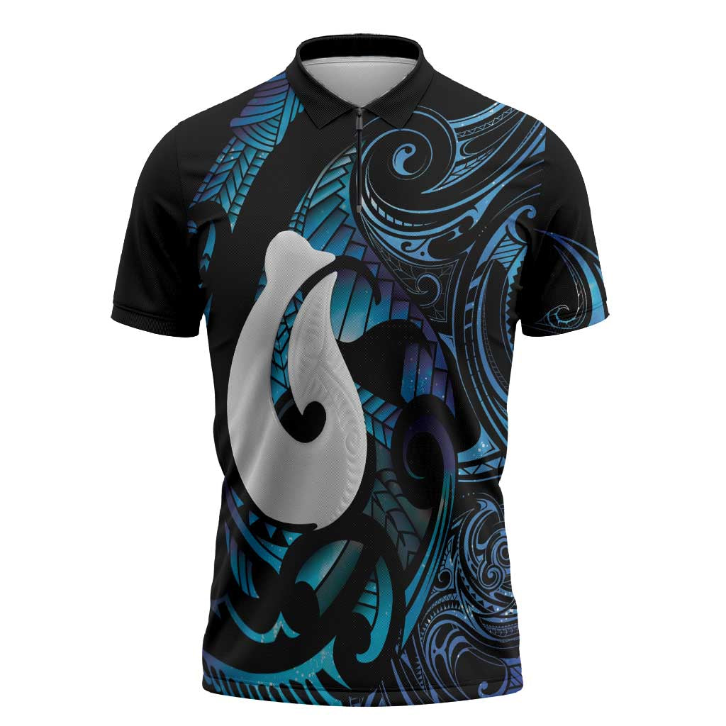 Hei Matau New Zealand Matariki Zipper Polo Shirt NZ Fish Hook Maori Art