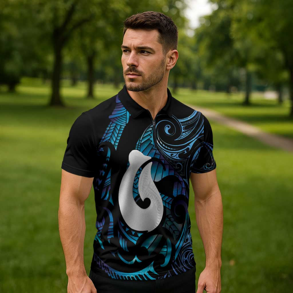 Hei Matau New Zealand Matariki Zipper Polo Shirt NZ Fish Hook Maori Art LT14 - Polynesian Pride