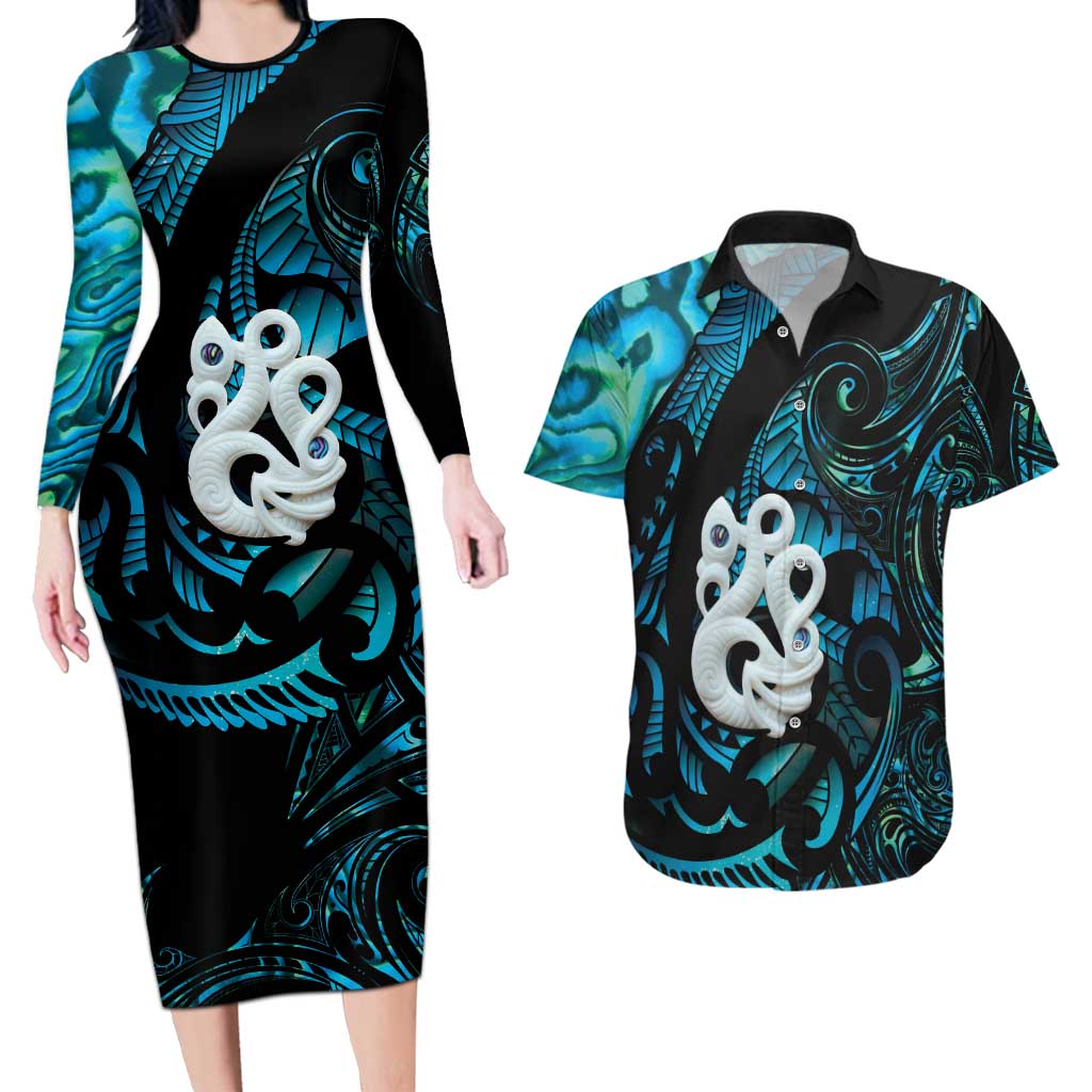 Manaia New Zealand Matariki Couples Matching Long Sleeve Bodycon Dress and Hawaiian Shirt NZ Paua Shell Maori Art LT14 Turquoise - Polynesian Pride