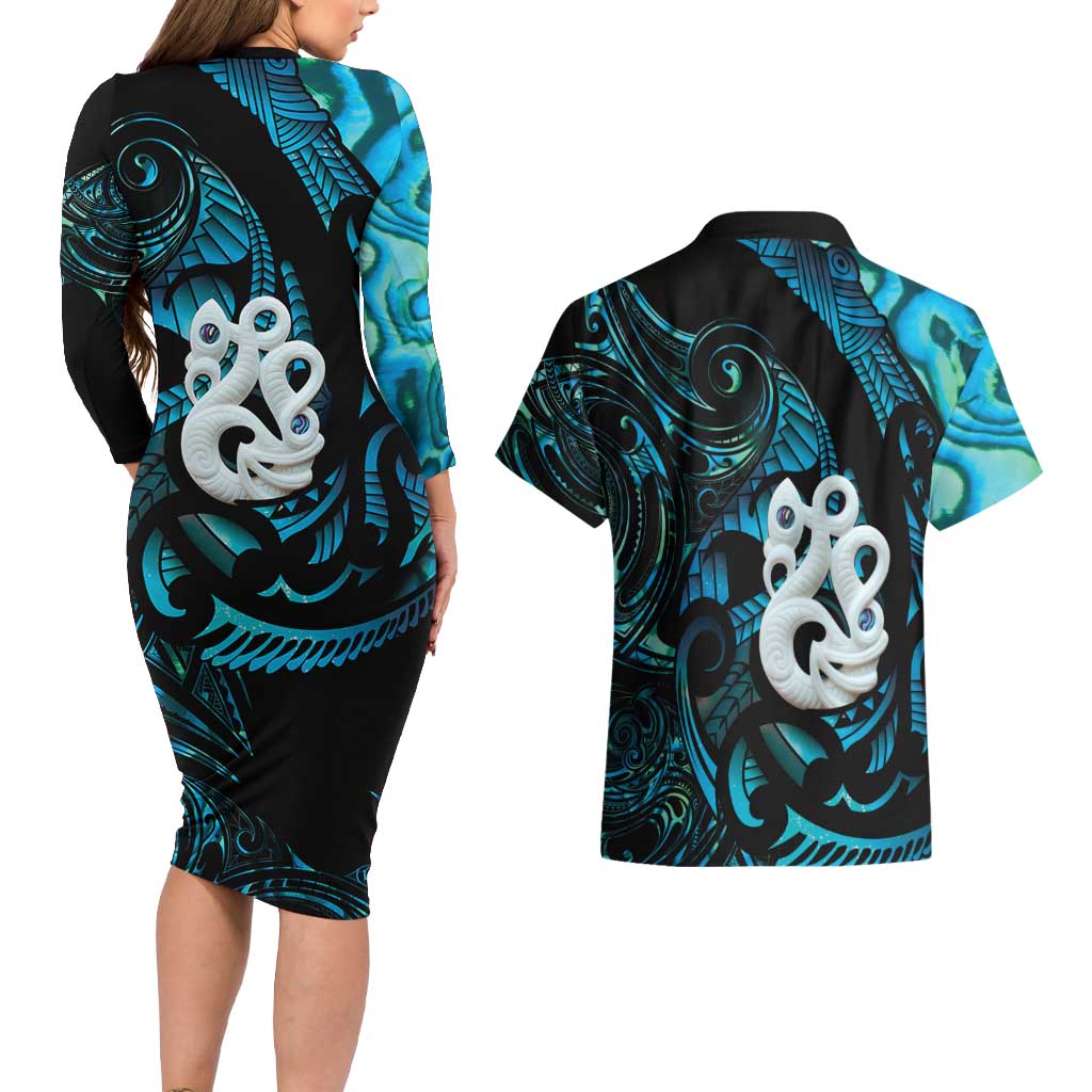 Manaia New Zealand Matariki Couples Matching Long Sleeve Bodycon Dress and Hawaiian Shirt NZ Paua Shell Maori Art LT14 - Polynesian Pride