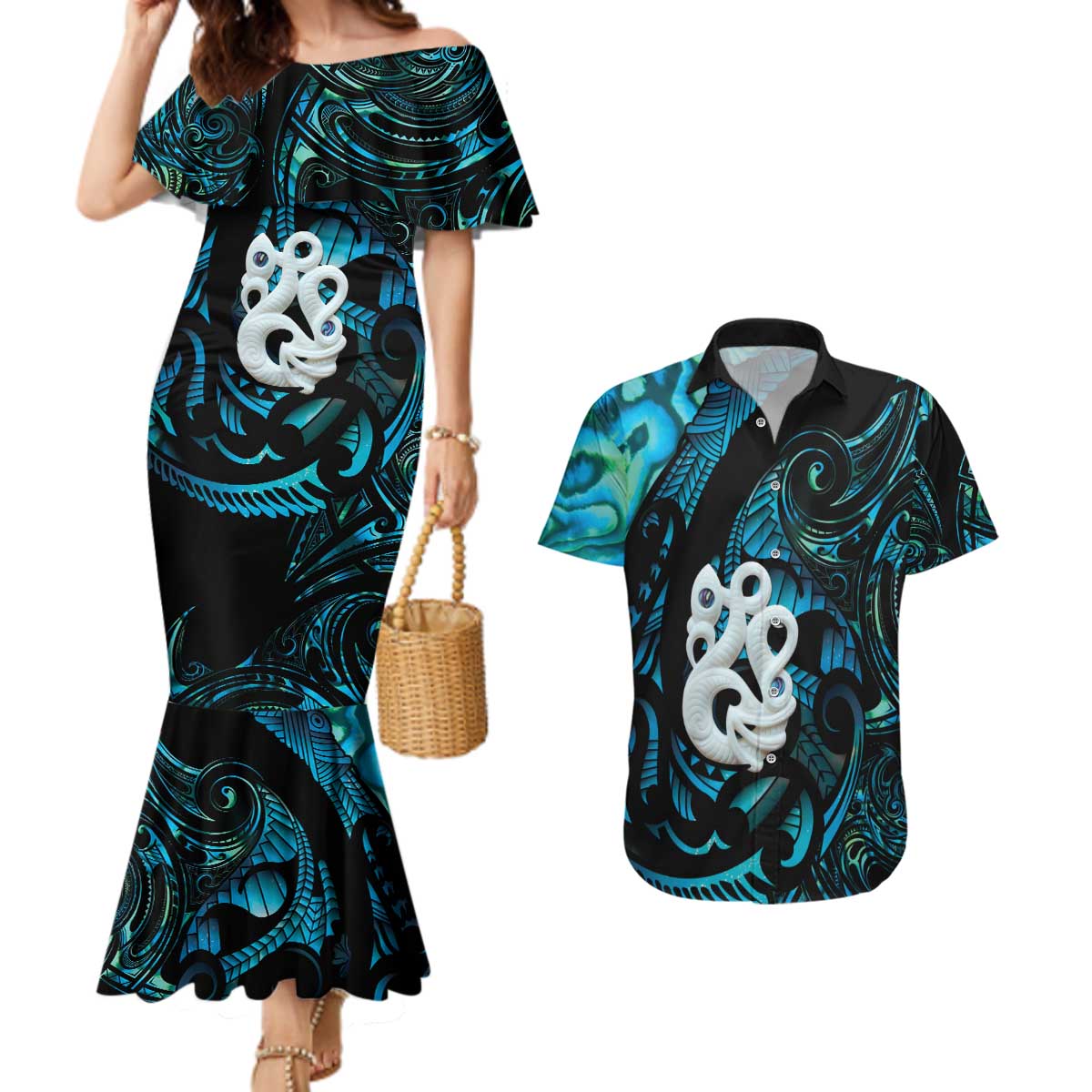 Manaia New Zealand Matariki Couples Matching Mermaid Dress and Hawaiian Shirt NZ Paua Shell Maori Art