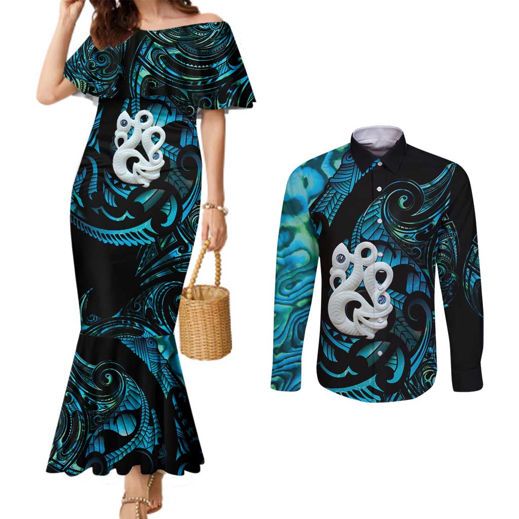 Manaia New Zealand Matariki Couples Matching Mermaid Dress and Long Sleeve Button Shirt NZ Paua Shell Maori Art LT14 Turquoise - Polynesian Pride