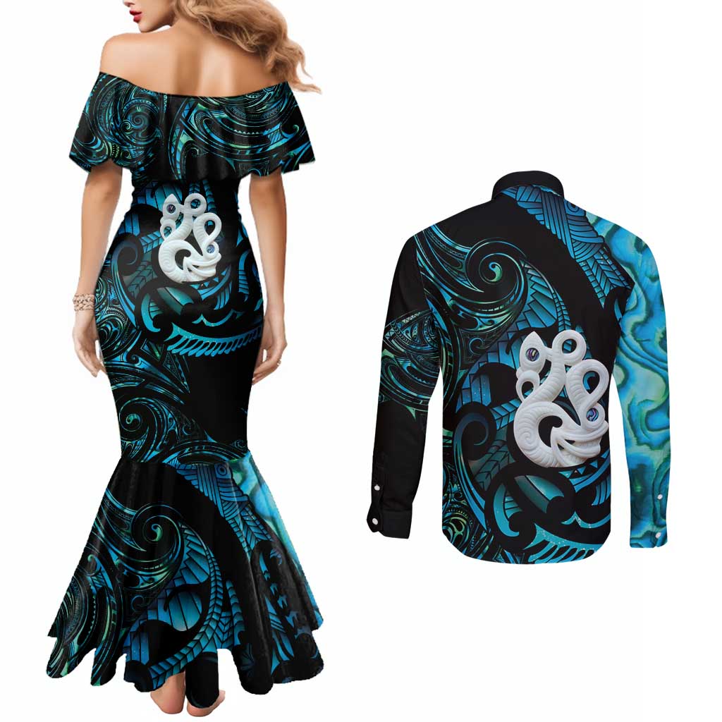 Manaia New Zealand Matariki Couples Matching Mermaid Dress and Long Sleeve Button Shirt NZ Paua Shell Maori Art LT14 - Polynesian Pride