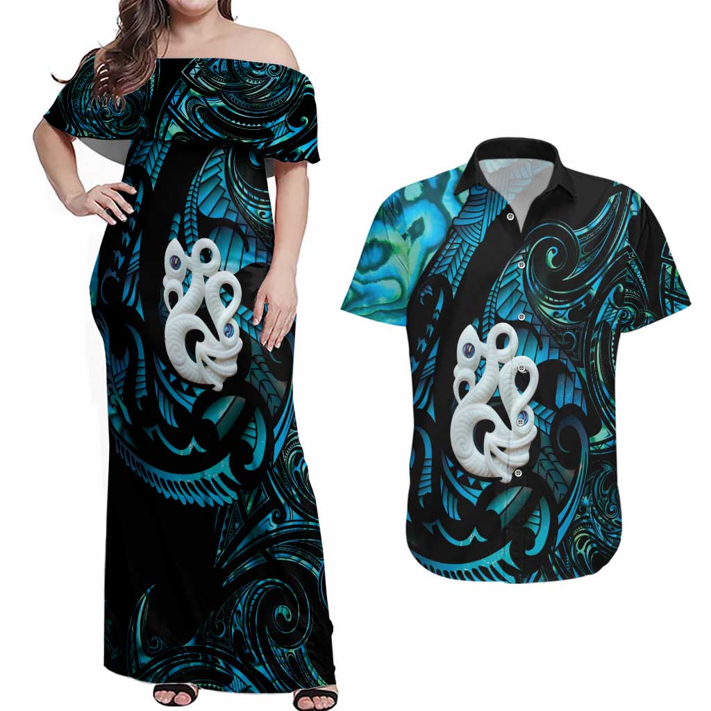 Manaia New Zealand Matariki Couples Matching Off Shoulder Maxi Dress and Hawaiian Shirt NZ Paua Shell Maori Art LT14 Turquoise - Polynesian Pride