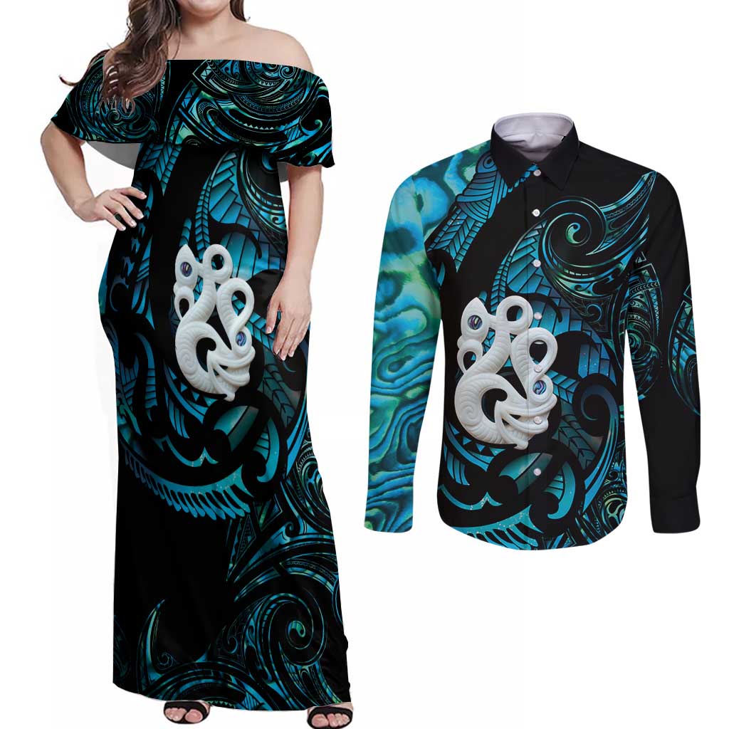 Manaia New Zealand Matariki Couples Matching Off Shoulder Maxi Dress and Long Sleeve Button Shirt NZ Paua Shell Maori Art LT14 Turquoise - Polynesian Pride