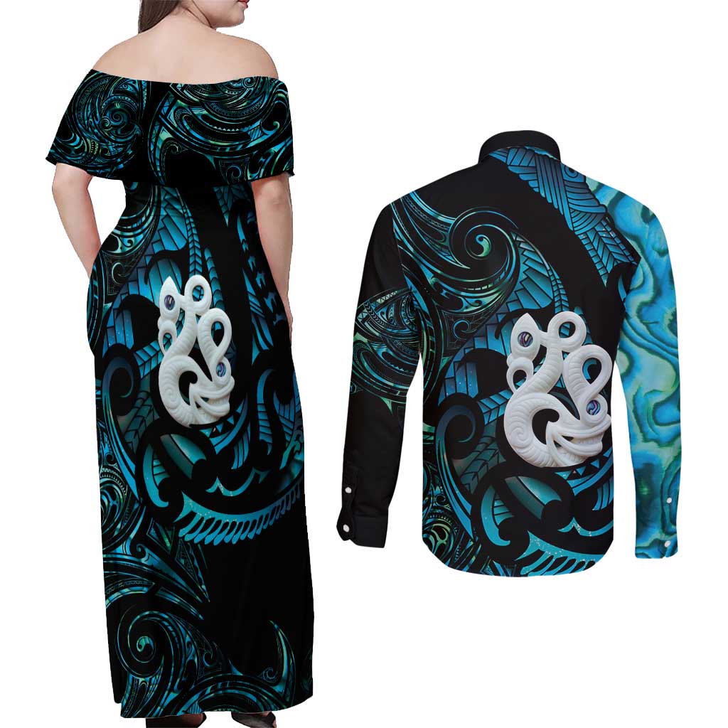 Manaia New Zealand Matariki Couples Matching Off Shoulder Maxi Dress and Long Sleeve Button Shirt NZ Paua Shell Maori Art LT14 - Polynesian Pride