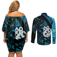 Manaia New Zealand Matariki Couples Matching Off Shoulder Short Dress and Long Sleeve Button Shirt NZ Paua Shell Maori Art LT14 - Polynesian Pride