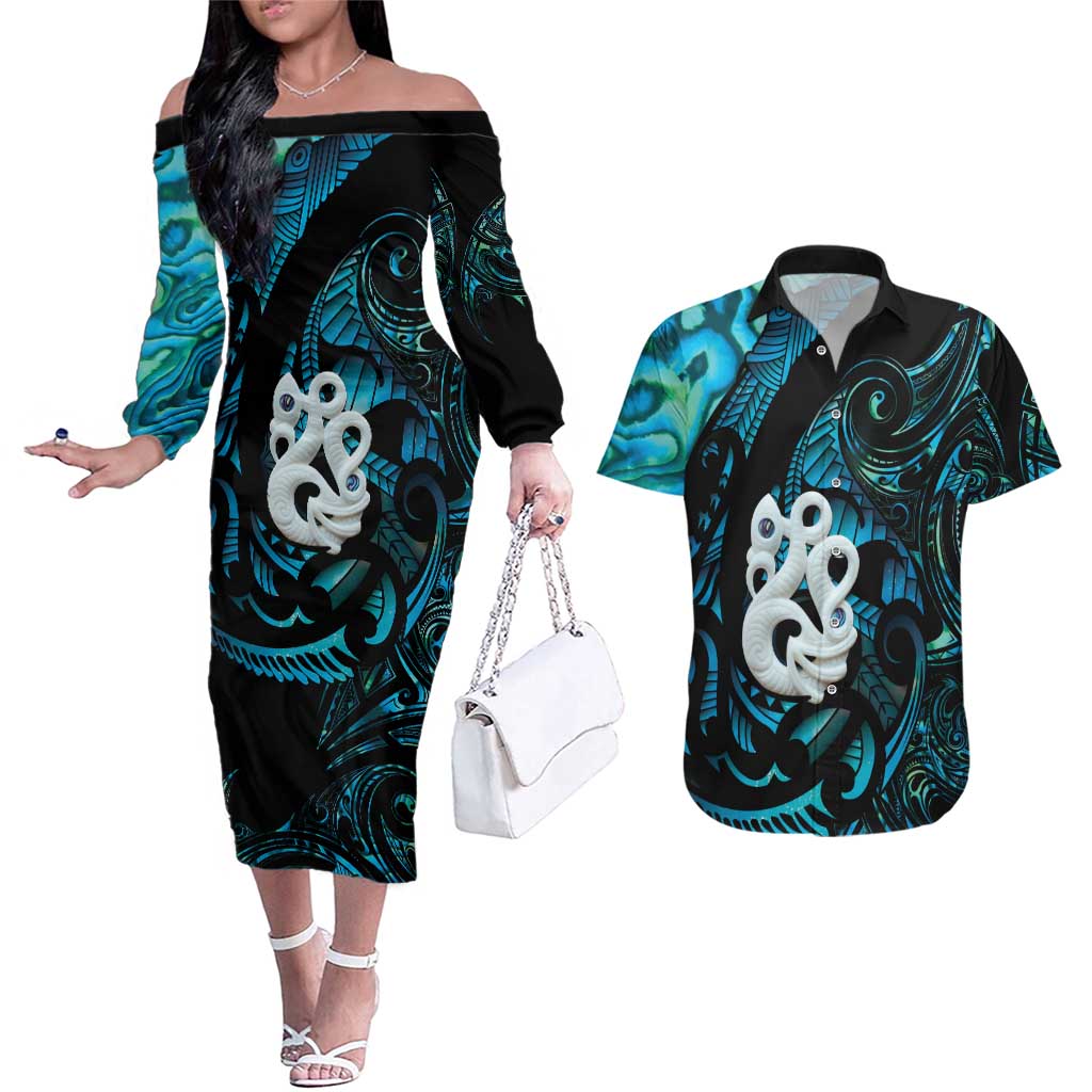 Manaia New Zealand Matariki Couples Matching Off The Shoulder Long Sleeve Dress and Hawaiian Shirt NZ Paua Shell Maori Art