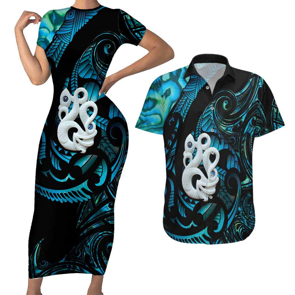 Manaia New Zealand Matariki Couples Matching Short Sleeve Bodycon Dress and Hawaiian Shirt NZ Paua Shell Maori Art LT14 Turquoise - Polynesian Pride