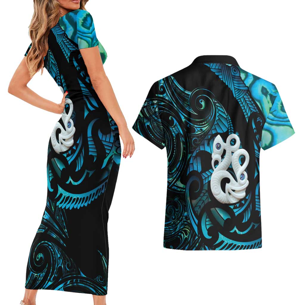 Manaia New Zealand Matariki Couples Matching Short Sleeve Bodycon Dress and Hawaiian Shirt NZ Paua Shell Maori Art LT14 - Polynesian Pride