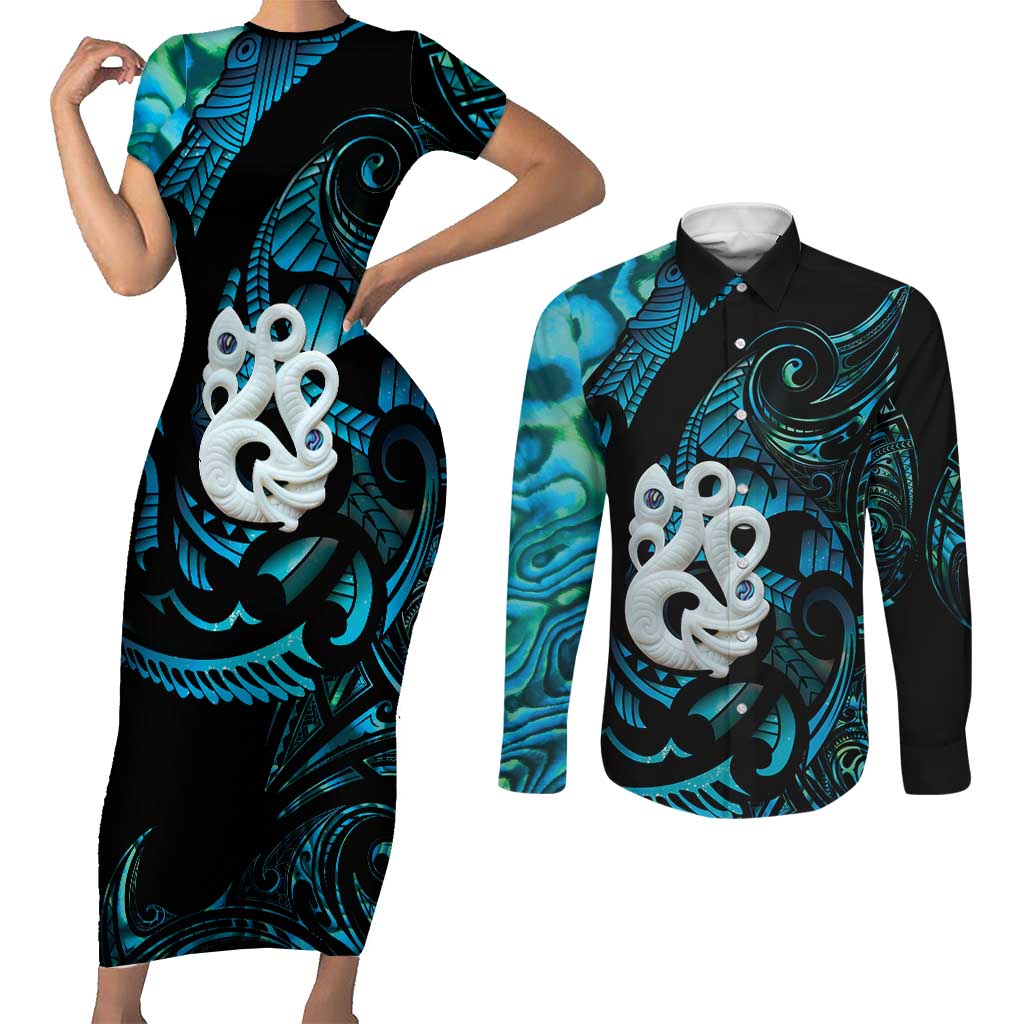 Manaia New Zealand Matariki Couples Matching Short Sleeve Bodycon Dress and Long Sleeve Button Shirt NZ Paua Shell Maori Art LT14 Turquoise - Polynesian Pride