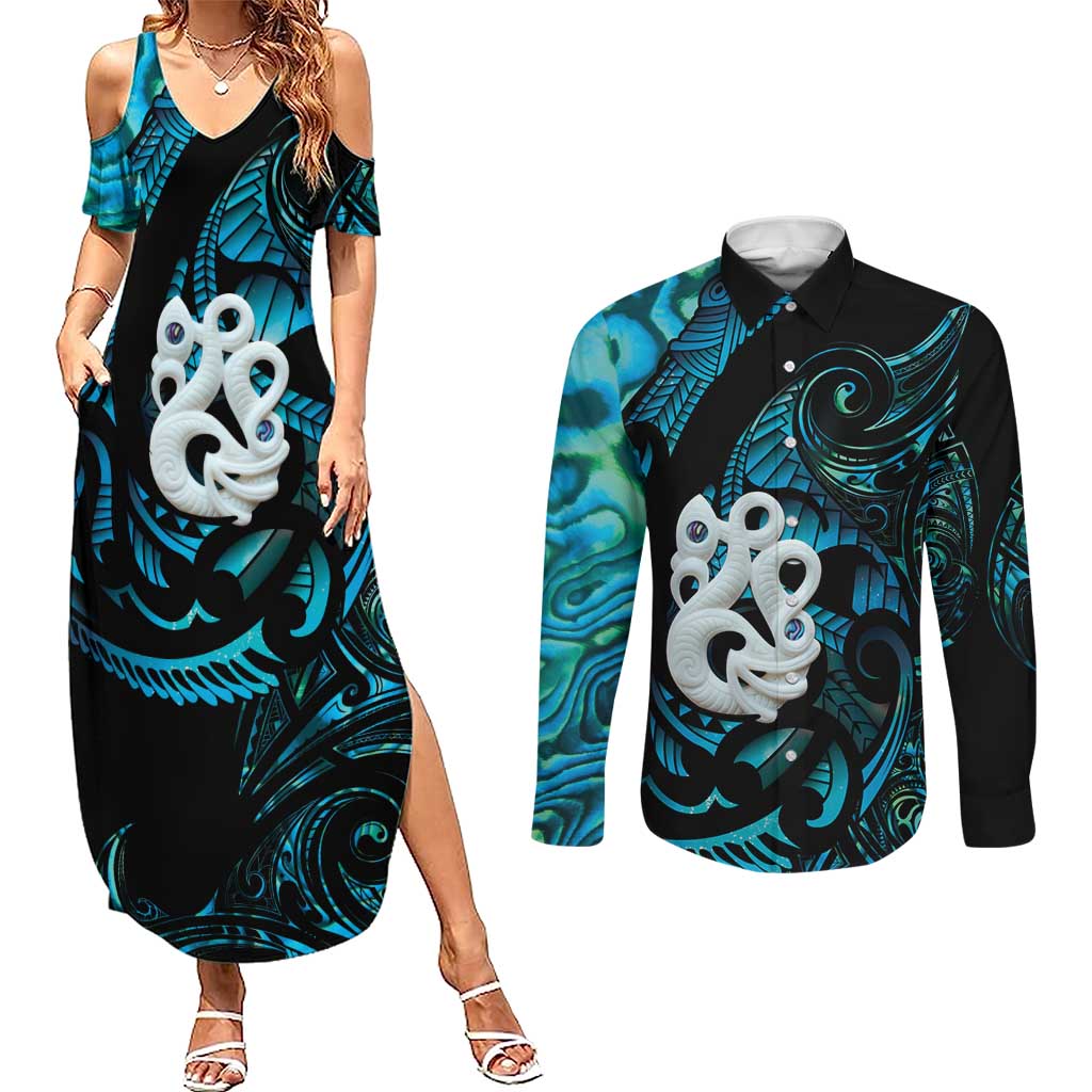Manaia New Zealand Matariki Couples Matching Summer Maxi Dress and Long Sleeve Button Shirt NZ Paua Shell Maori Art LT14 Turquoise - Polynesian Pride