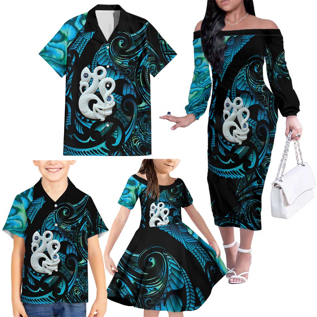 Manaia New Zealand Matariki Family Matching Off The Shoulder Long Sleeve Dress and Hawaiian Shirt NZ Paua Shell Maori Art LT14 - Polynesian Pride