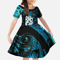 Manaia New Zealand Matariki Family Matching Off Shoulder Maxi Dress and Hawaiian Shirt NZ Paua Shell Maori Art LT14 Daughter's Dress Turquoise - Polynesian Pride