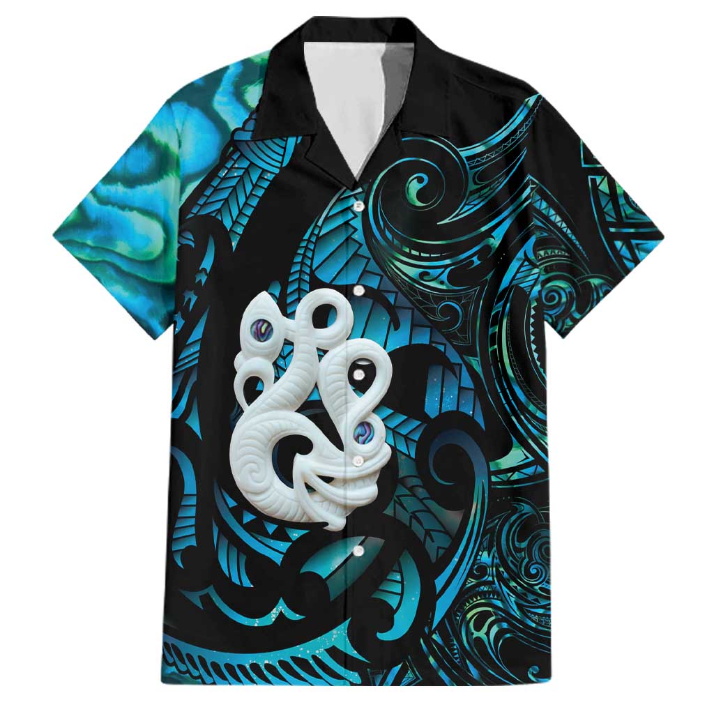 Manaia New Zealand Matariki Family Matching Off Shoulder Maxi Dress and Hawaiian Shirt NZ Paua Shell Maori Art LT14 Dad's Shirt - Short Sleeve Turquoise - Polynesian Pride