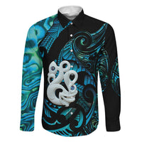 Manaia New Zealand Matariki Family Matching Off Shoulder Maxi Dress and Hawaiian Shirt NZ Paua Shell Maori Art LT14 Dad's Shirt - Long Sleeve Turquoise - Polynesian Pride