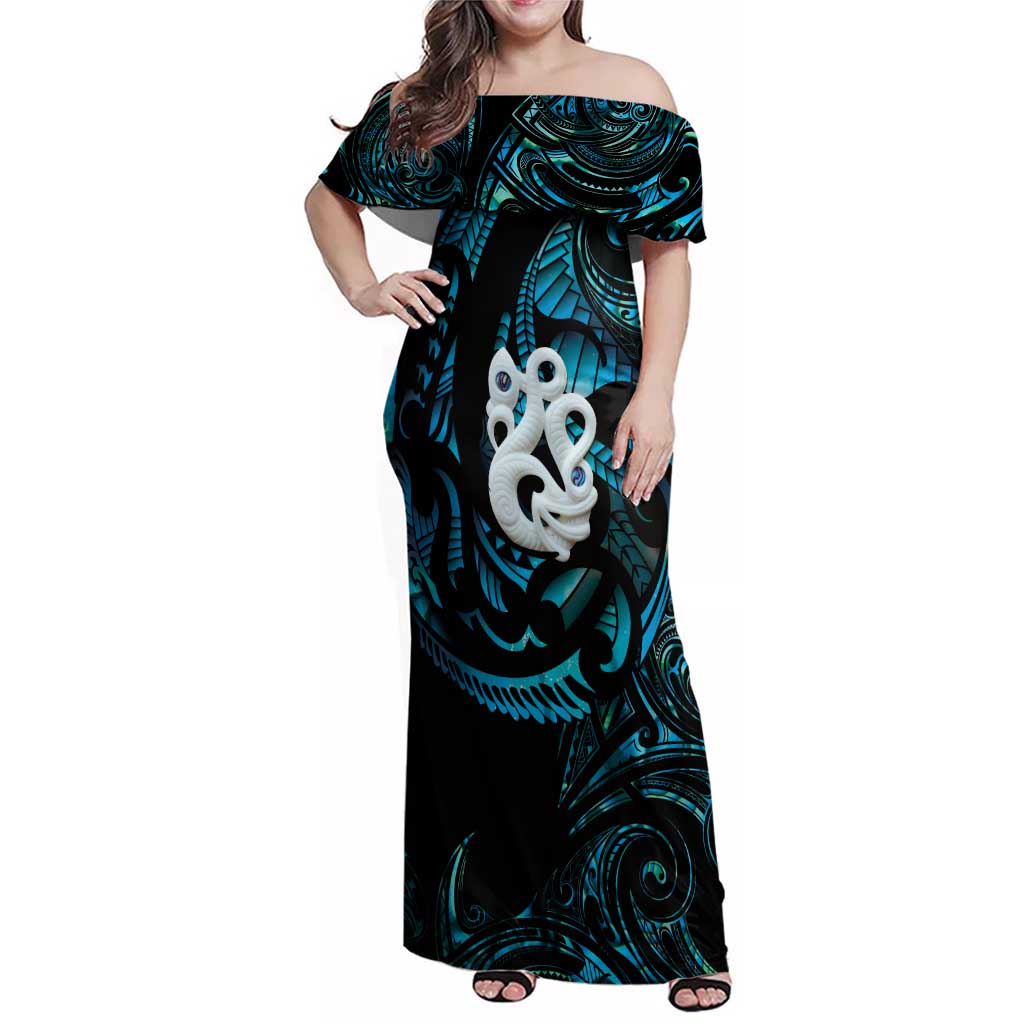Manaia New Zealand Matariki Family Matching Off Shoulder Maxi Dress and Hawaiian Shirt NZ Paua Shell Maori Art LT14 Mom's Dress Turquoise - Polynesian Pride