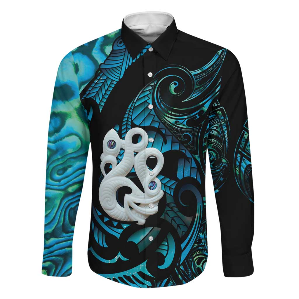 Manaia New Zealand Matariki Family Matching Off Shoulder Short Dress and Hawaiian Shirt NZ Paua Shell Maori Art LT14 Dad's Shirt - Long Sleeve Turquoise - Polynesian Pride
