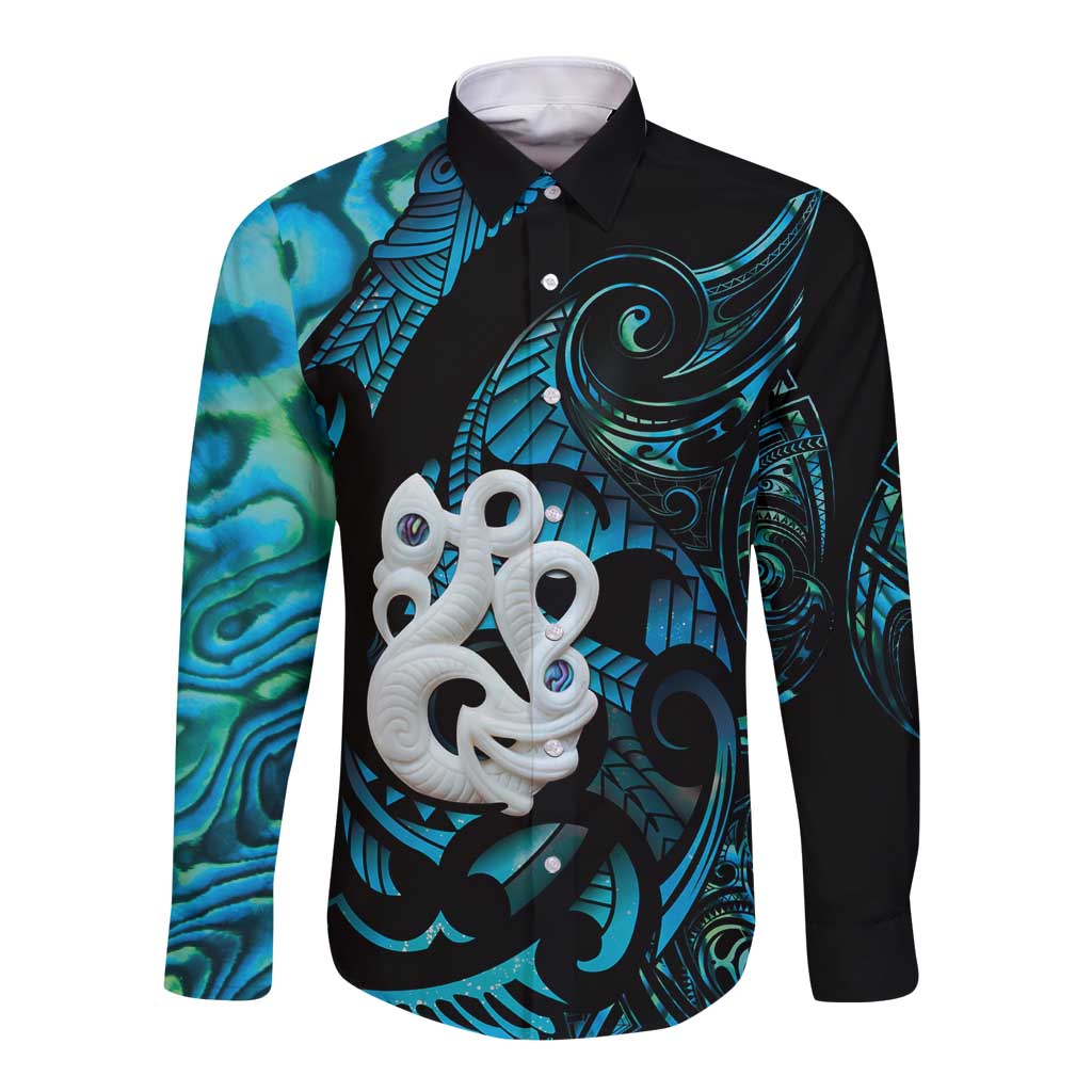 Manaia New Zealand Matariki Long Sleeve Button Shirt NZ Paua Shell Maori Art LT14 Unisex Turquoise - Polynesian Pride