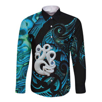 Manaia New Zealand Matariki Long Sleeve Button Shirt NZ Paua Shell Maori Art LT14 Unisex Turquoise - Polynesian Pride