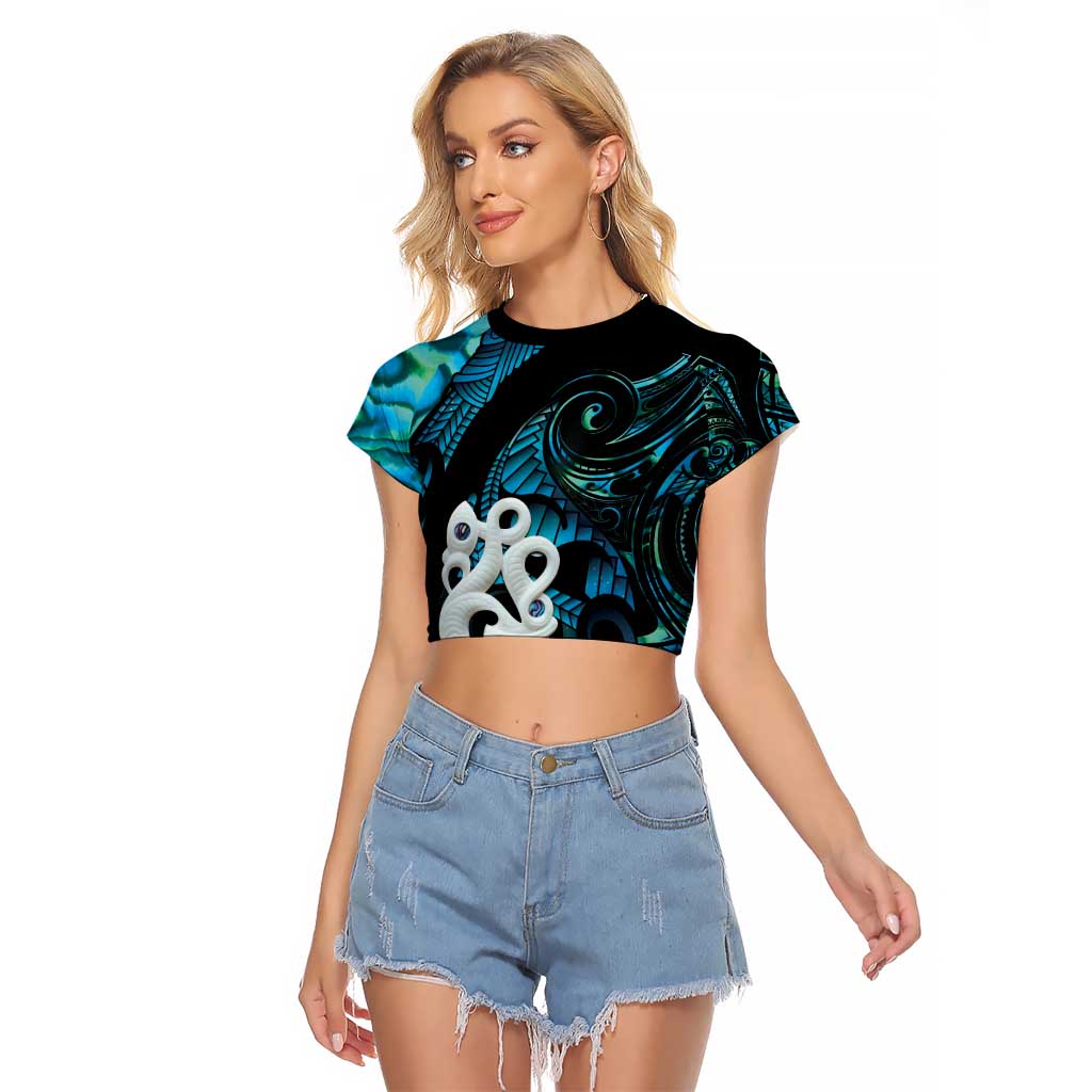 Manaia New Zealand Matariki Raglan Cropped T Shirt NZ Paua Shell Maori Art LT14 Female Turquoise - Polynesian Pride