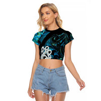 Manaia New Zealand Matariki Raglan Cropped T Shirt NZ Paua Shell Maori Art LT14 Female Turquoise - Polynesian Pride