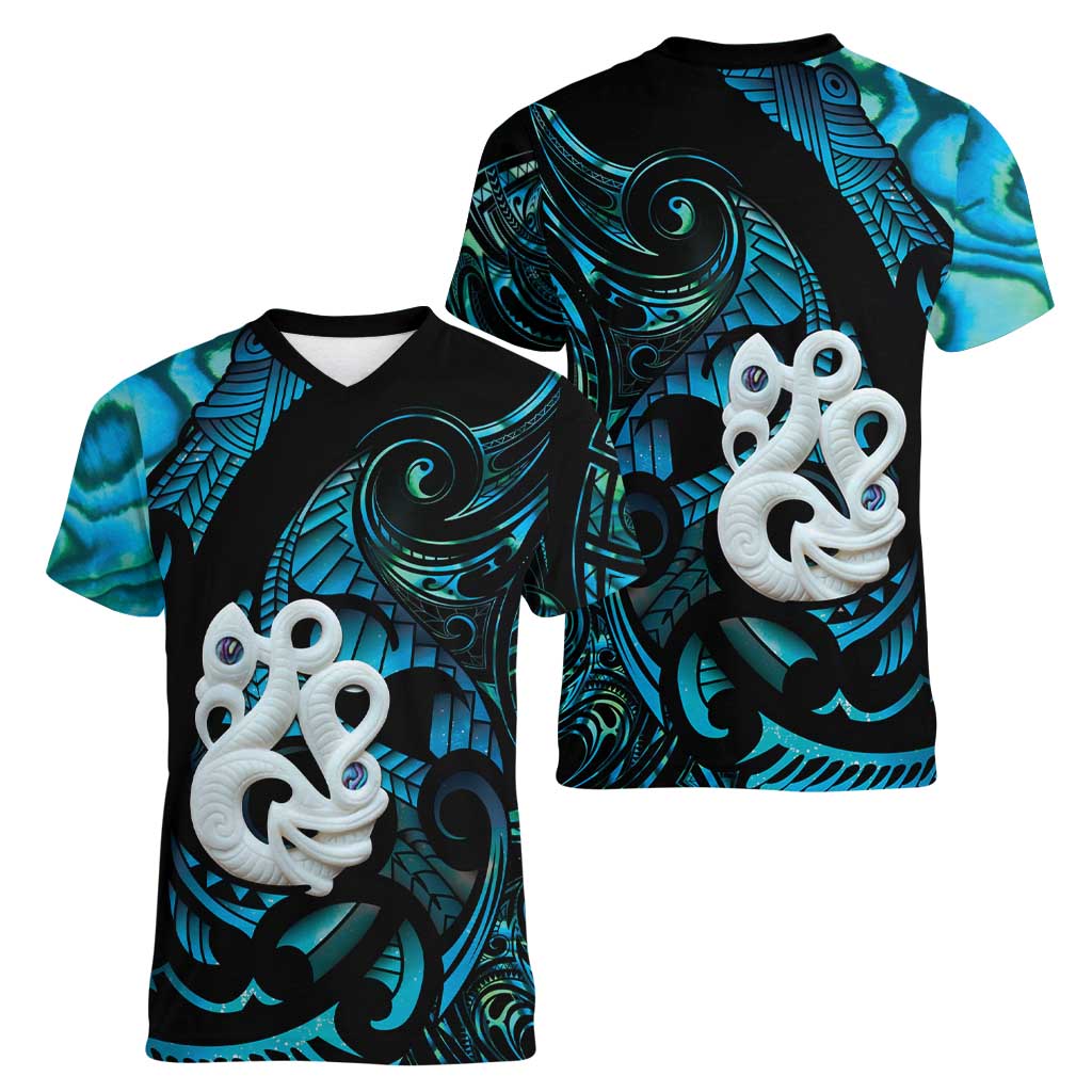 Manaia New Zealand Matariki Women V-Neck T-Shirt NZ Paua Shell Maori Art LT14 - Polynesian Pride