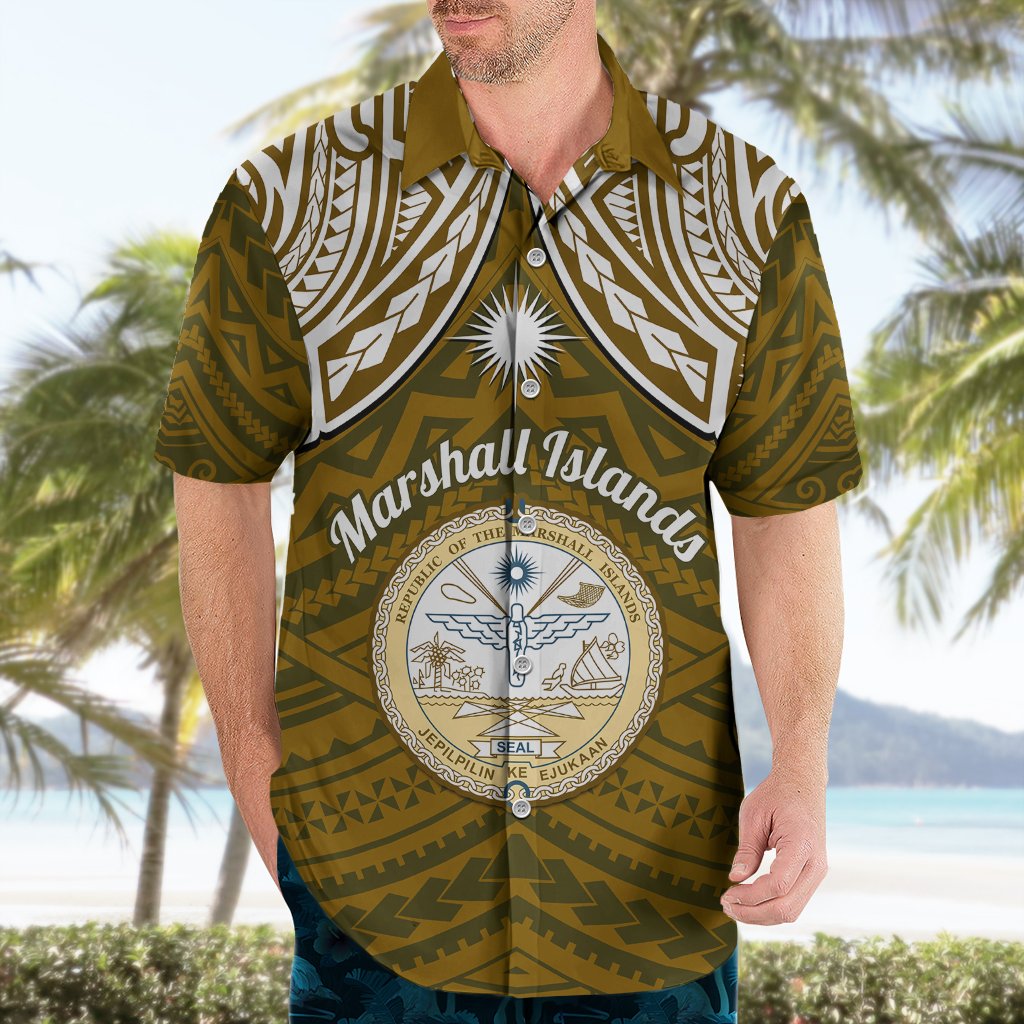 Personalised Marshall Islands Hawaiian Shirt Gold Polynesian Tribal Mix Coat Of Arms LT14 - Polynesian Pride