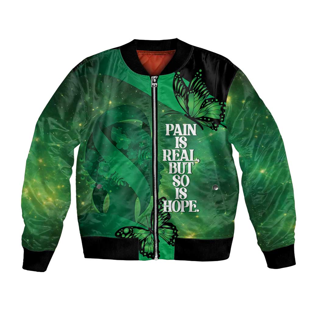 Personalised World Mental Health Awareness Month Bomber Jacket Warriors Brave Strong Galaxy Vibes