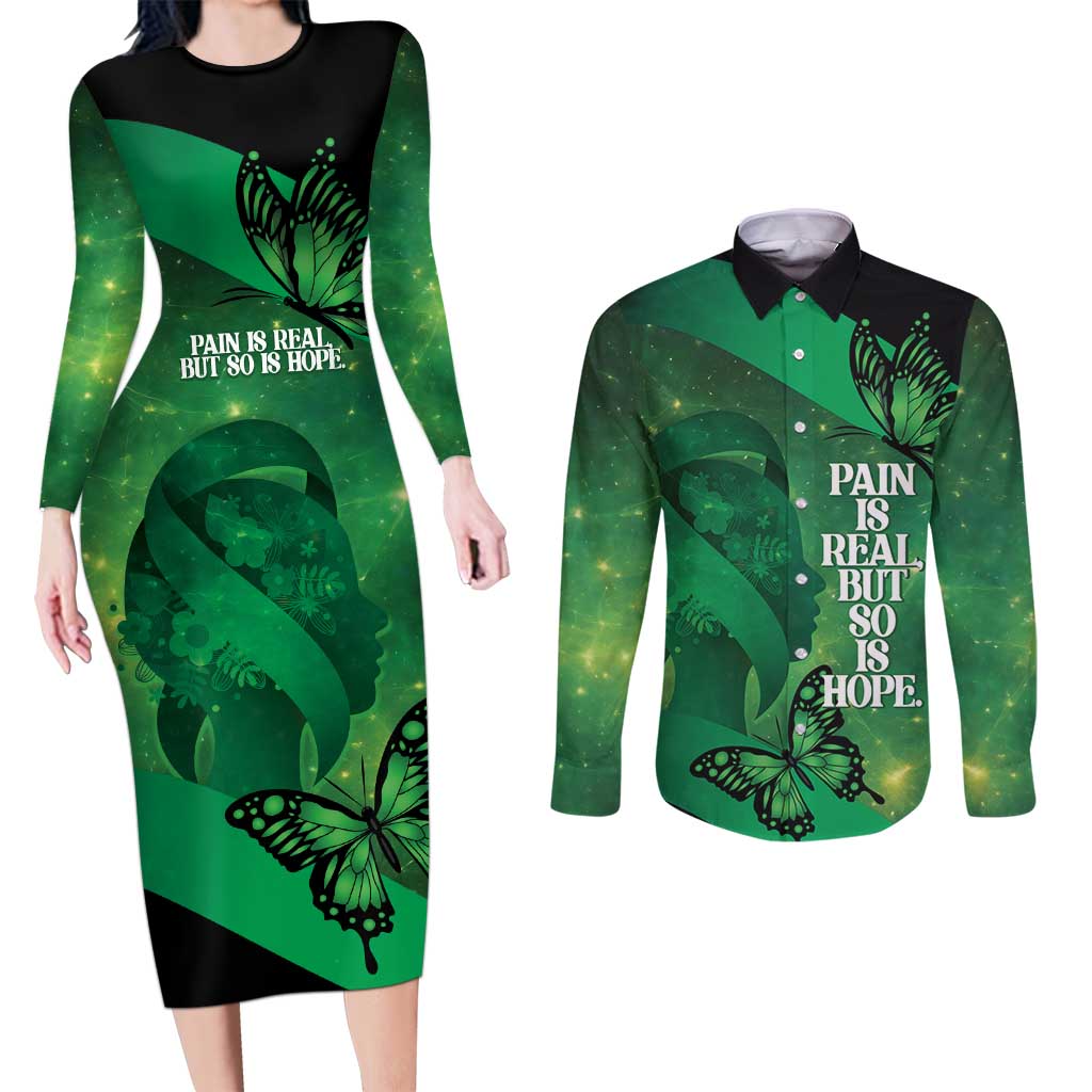 Personalised World Mental Health Awareness Month Couples Matching Long Sleeve Bodycon Dress and Long Sleeve Button Shirt Warriors Brave Strong Galaxy Vibes LT14 Green - Polynesian Pride