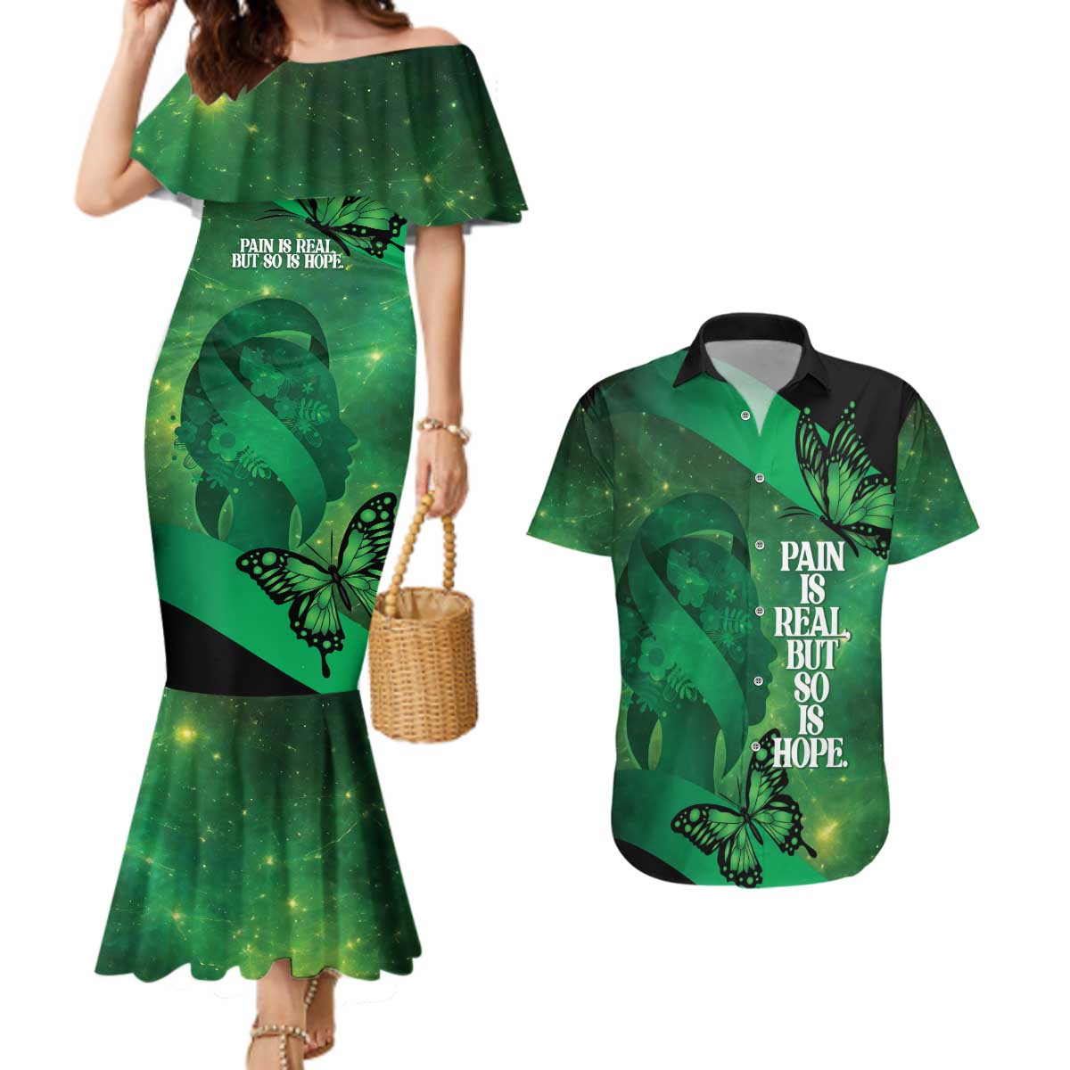 Personalised World Mental Health Awareness Month Couples Matching Mermaid Dress and Hawaiian Shirt Warriors Brave Strong Galaxy Vibes LT14 Green - Polynesian Pride
