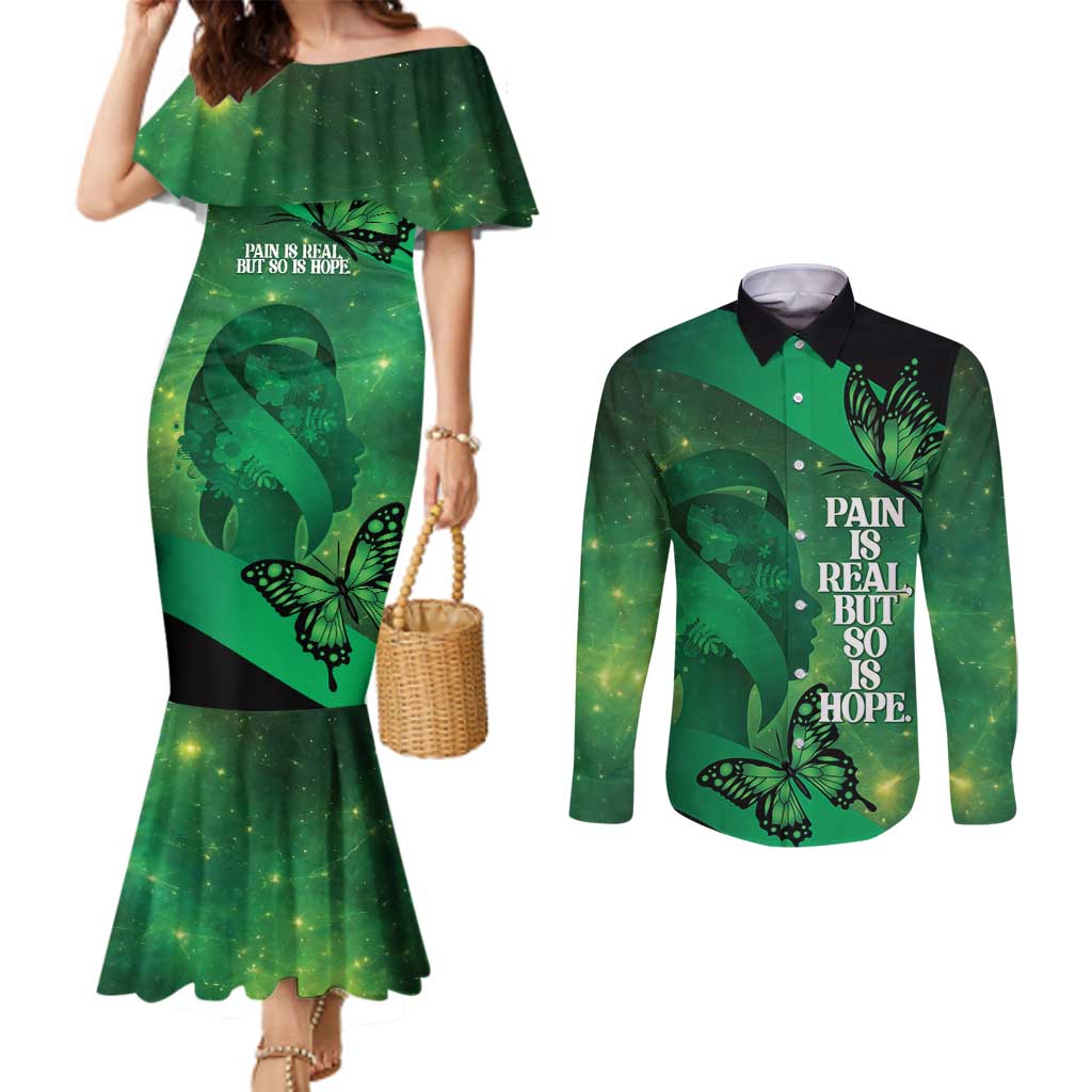 Personalised World Mental Health Awareness Month Couples Matching Mermaid Dress and Long Sleeve Button Shirt Warriors Brave Strong Galaxy Vibes LT14 Green - Polynesian Pride