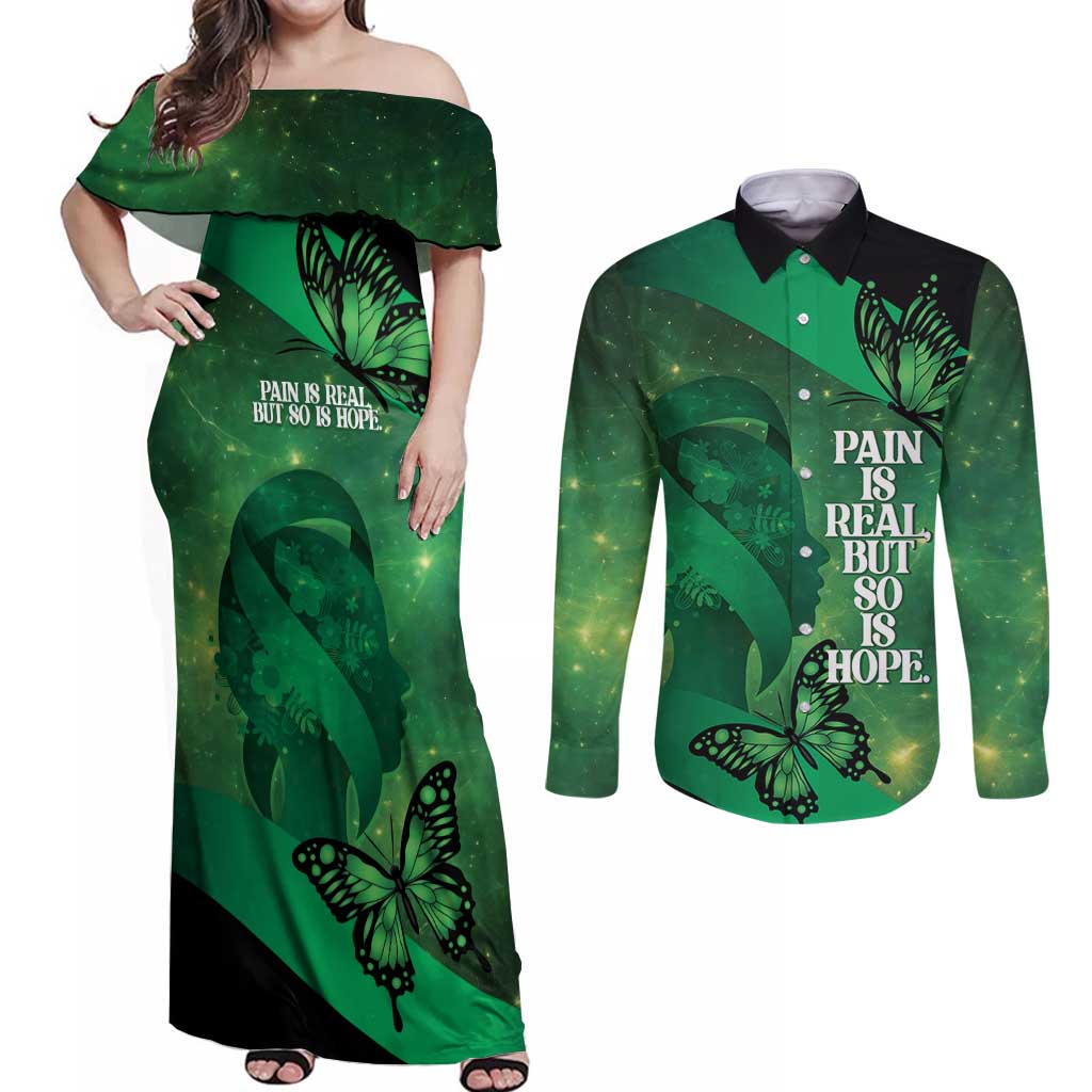 Personalised World Mental Health Awareness Month Couples Matching Off Shoulder Maxi Dress and Long Sleeve Button Shirt Warriors Brave Strong Galaxy Vibes LT14 Green - Polynesian Pride