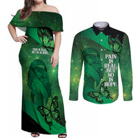 Personalised World Mental Health Awareness Month Couples Matching Off Shoulder Maxi Dress and Long Sleeve Button Shirt Warriors Brave Strong Galaxy Vibes LT14 Green - Polynesian Pride