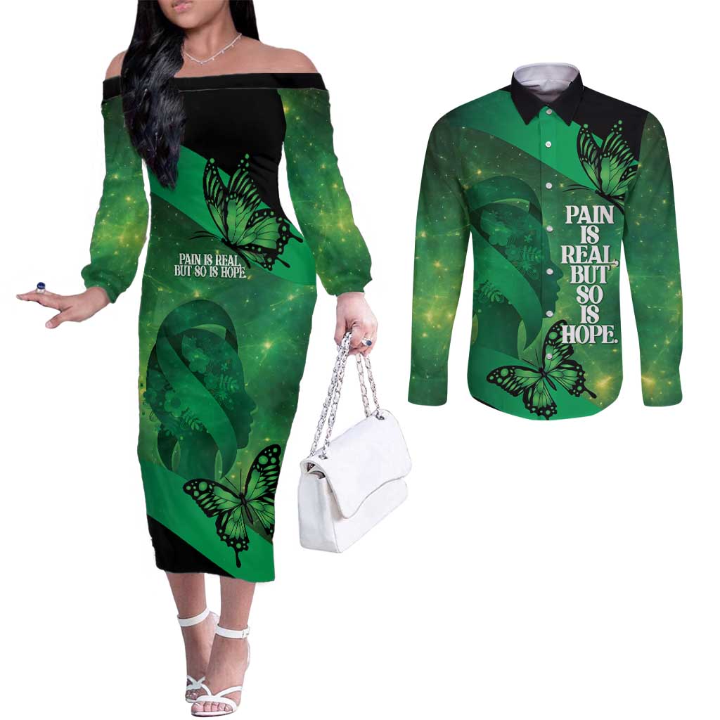 Personalised World Mental Health Awareness Month Couples Matching Off The Shoulder Long Sleeve Dress and Long Sleeve Button Shirt Warriors Brave Strong Galaxy Vibes LT14 Green - Polynesian Pride