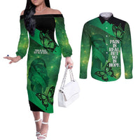 Personalised World Mental Health Awareness Month Couples Matching Off The Shoulder Long Sleeve Dress and Long Sleeve Button Shirt Warriors Brave Strong Galaxy Vibes LT14 Green - Polynesian Pride