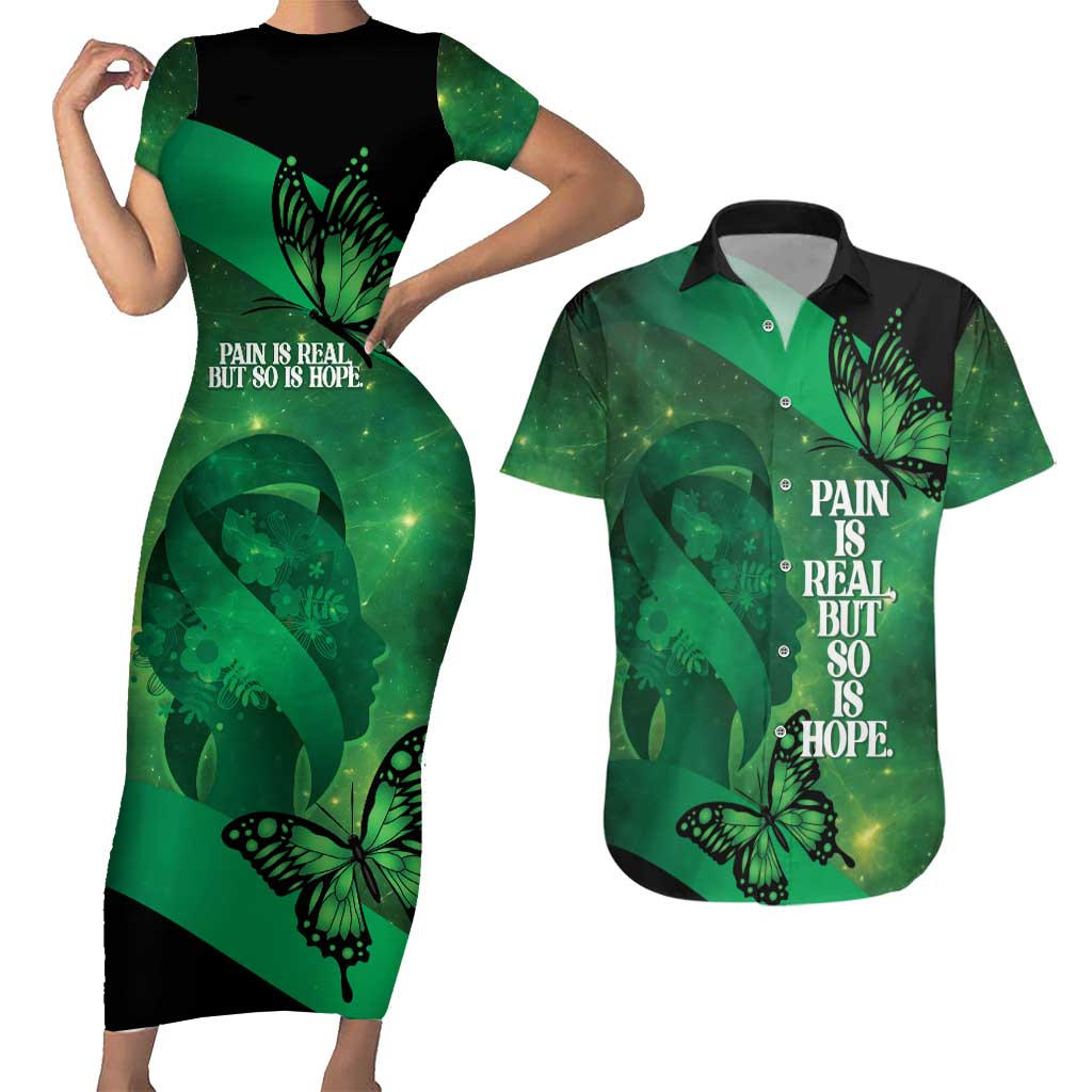 Personalised World Mental Health Awareness Month Couples Matching Short Sleeve Bodycon Dress and Hawaiian Shirt Warriors Brave Strong Galaxy Vibes LT14 Green - Polynesian Pride