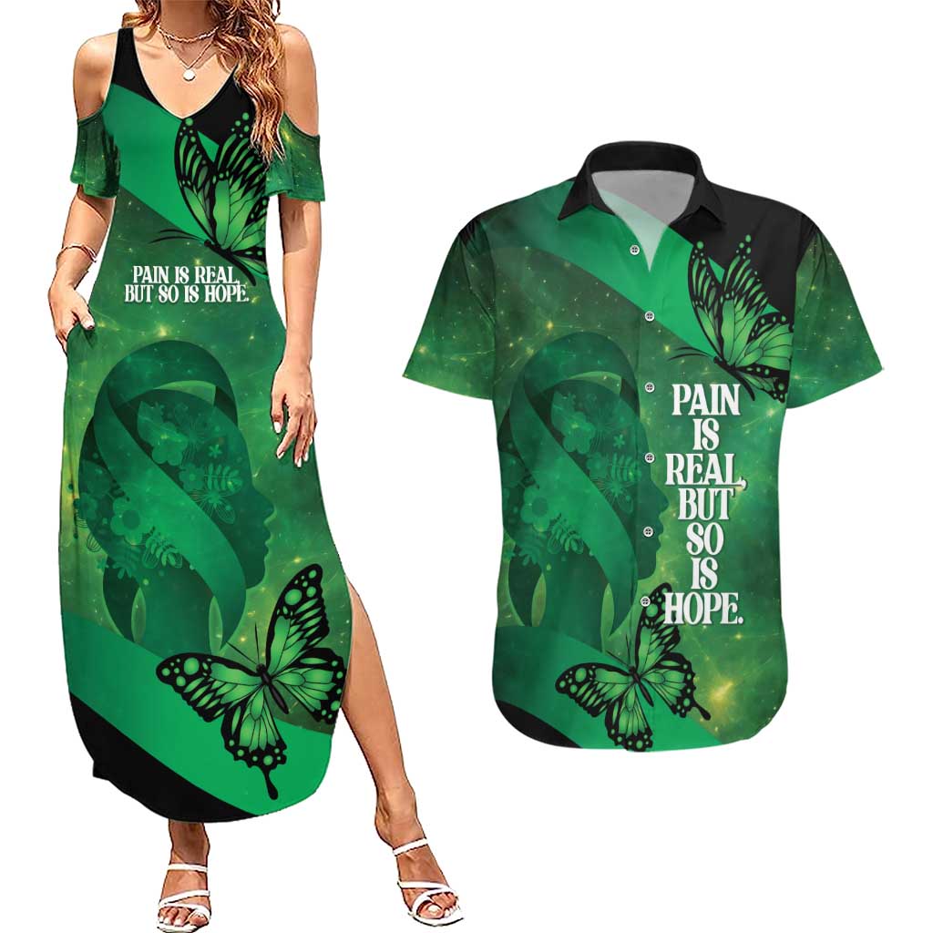 Personalised World Mental Health Awareness Month Couples Matching Summer Maxi Dress and Hawaiian Shirt Warriors Brave Strong Galaxy Vibes LT14 Green - Polynesian Pride