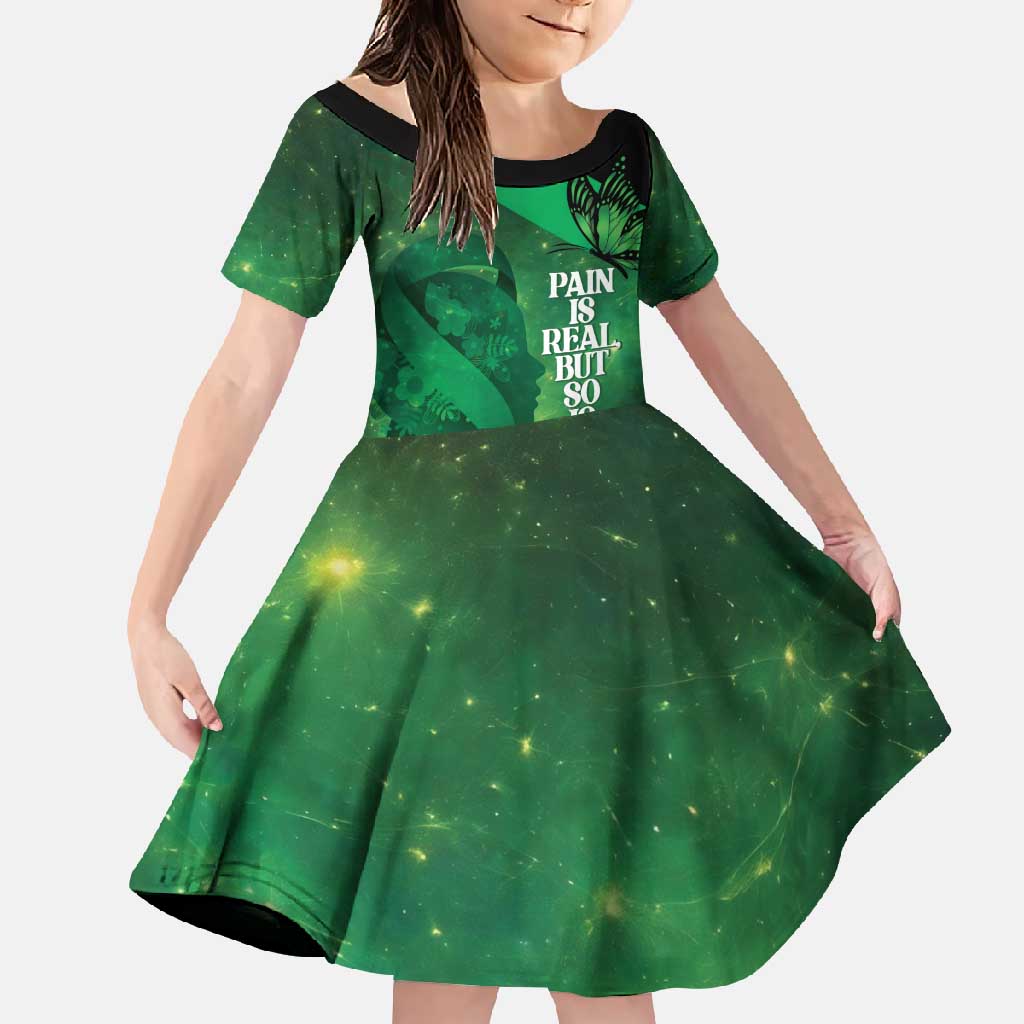 Personalised World Mental Health Awareness Month Family Matching Long Sleeve Bodycon Dress and Hawaiian Shirt Warriors Brave Strong Galaxy Vibes LT14 Daughter's Dress Green - Polynesian Pride