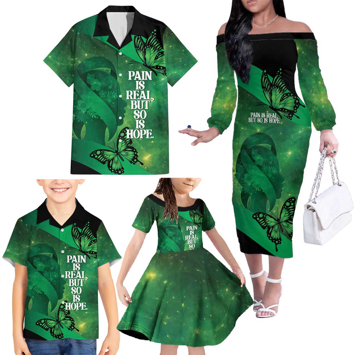 Personalised World Mental Health Awareness Month Family Matching Off The Shoulder Long Sleeve Dress and Hawaiian Shirt Warriors Brave Strong Galaxy Vibes LT14 - Polynesian Pride